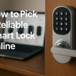 Modern smart lock installed on home door,