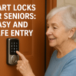 elderly woman using a keypad smart lock for safe entry to her home