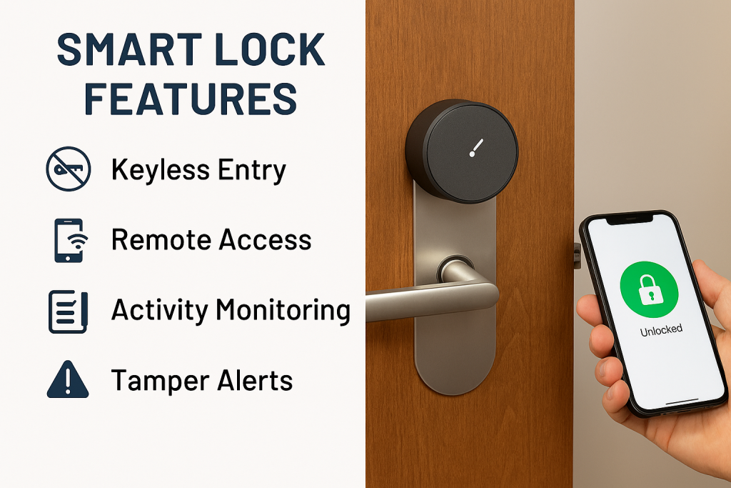 Smart lock on modern front door with phone app