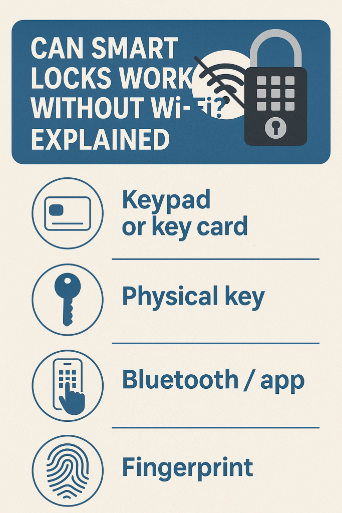 Smart lock on a front door with keypad and smartphone, no Wi-Fi symbol